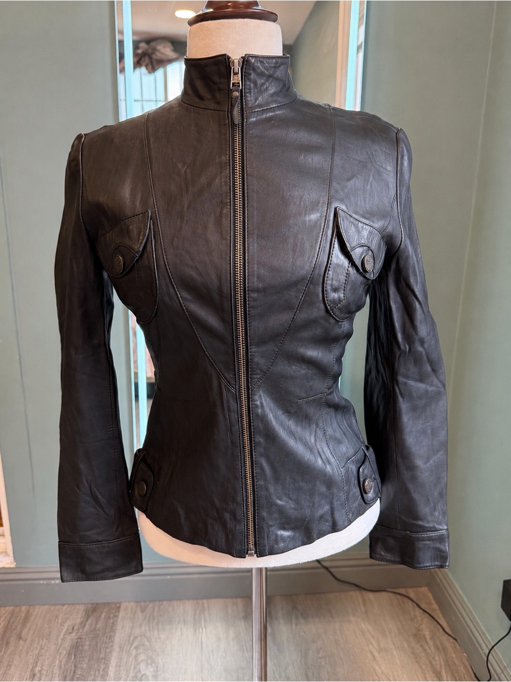 Black Genuine Sheepskin Leather Fitted Moto Jacket XS/S Y2K